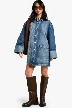 Petite Utility Turn Cuff Denim Oversized Shirt Dress