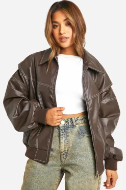 Petite Veste Bomber Oversize en synthétique à Coutures Contrastées