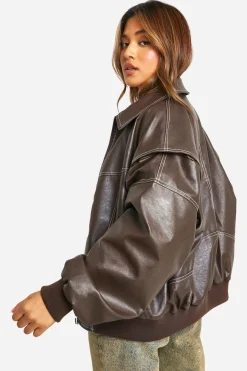 Petite Veste Bomber Oversize en synthétique à Coutures Contrastées