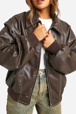 Petite Veste Bomber Oversize en synthétique à Coutures Contrastées
