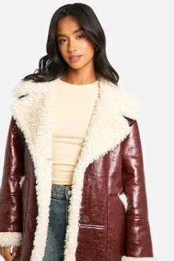 Petite veste d'aviateur long en synthétique avec garniture teddy