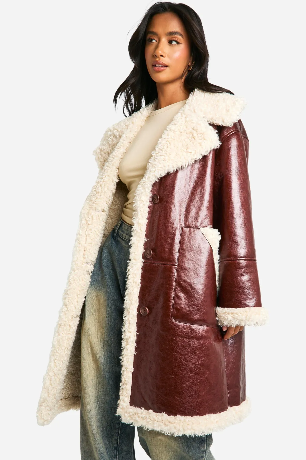 Petite veste d'aviateur long en synthétique avec garniture teddy