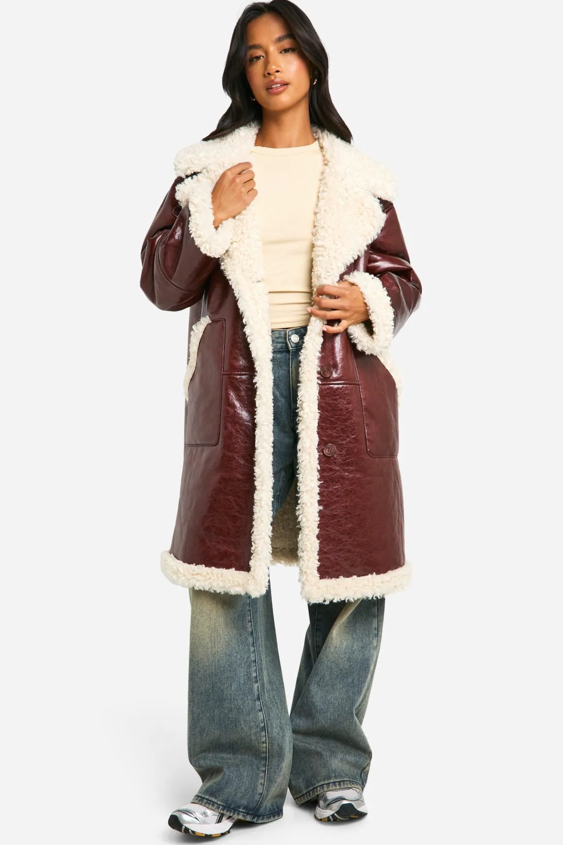 Petite veste d'aviateur long en synthétique avec garniture teddy