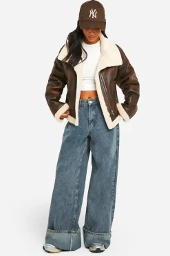 Petite Veste d'Aviateur Vintage en synthétique à Col Haut