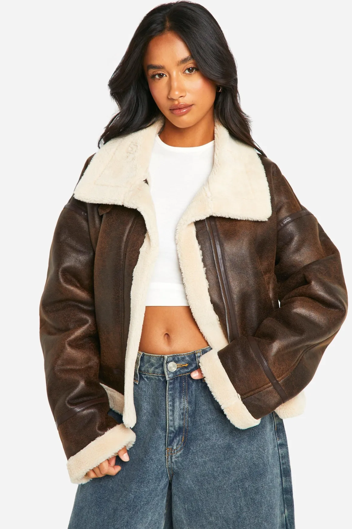 Petite Veste d'Aviateur Vintage en synthétique à Col Haut