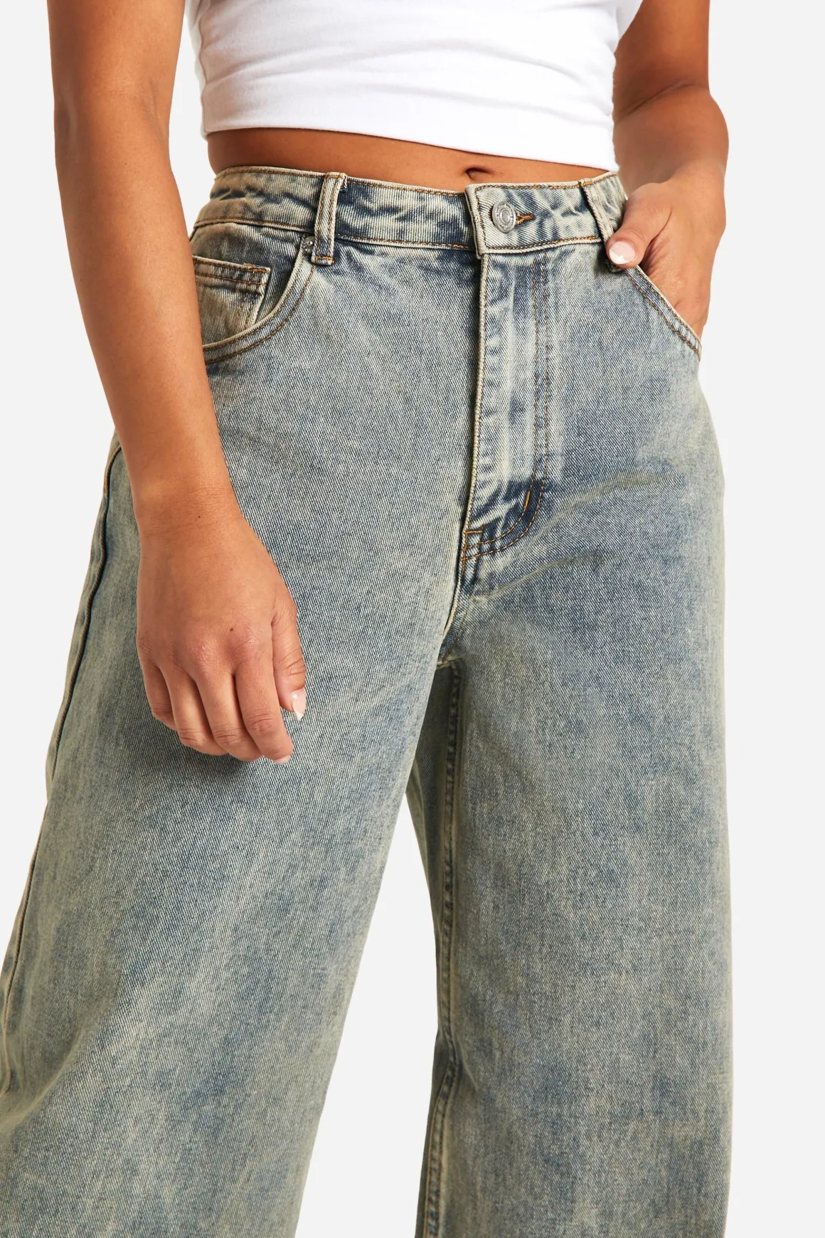 Petite Vintage Stone Wash Jeans à Jambe Large