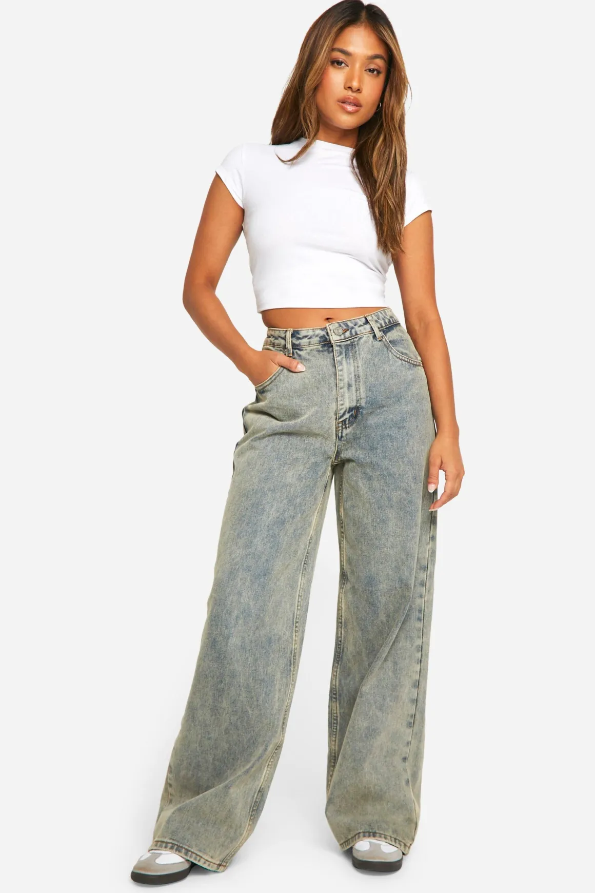 Petite Vintage Stone Wash Jeans à Jambe Large