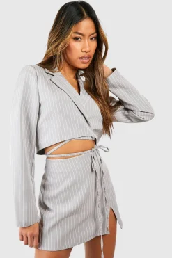 Pinstripe Tie Waist Cropped Blazer