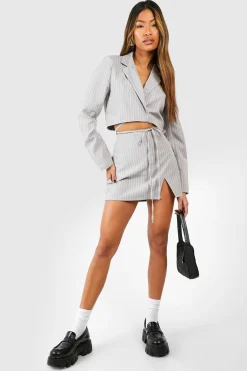 Pinstripe Tie Waist Cropped Blazer