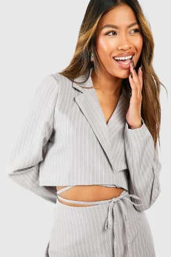 Pinstripe Tie Waist Cropped Blazer