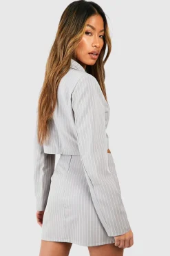Pinstripe Tie Waist Cropped Blazer