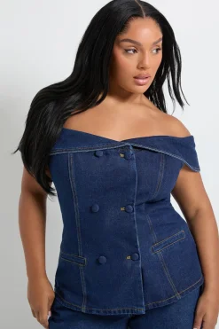 Plus Bardot Button Down Denim Top