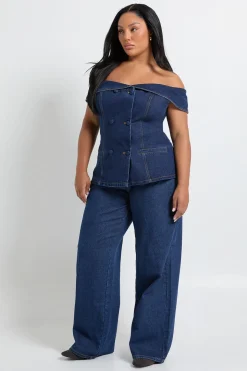 Plus Bardot Button Down Denim Top