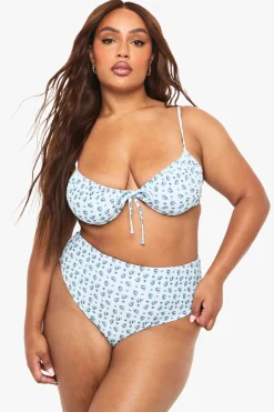 Plus Bas de bikini grande taille à imprimé floral vichy, taille haute et laçage latéral