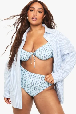 Plus Bas de bikini grande taille à imprimé floral vichy, taille haute et laçage latéral