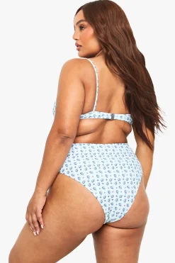 Plus Bas de bikini grande taille à imprimé floral vichy, taille haute et laçage latéral
