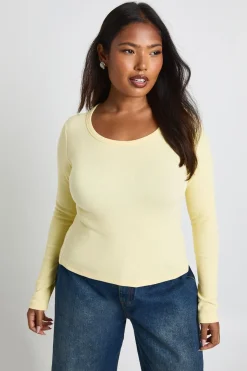 Plus Basic Haut ajusté en jersey côtelé, col échancré, coupe longue, manches longues