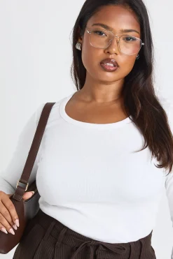 boohoo Plus Basic haut ajusté à manches longues en maille côtelée, à encolure échancrée et coupe longiligne<Femme Basiques|Tops