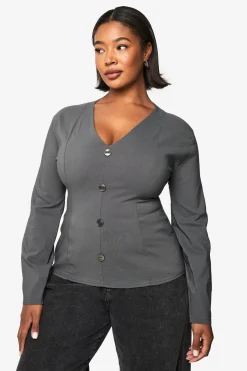 boohoo Plus Bengaline Cinched Button Down Top<Femme Tailleurs|Blazers