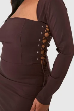 Plus Bengaline Robe Corset Moulante à Lacets en Taille Plus à Encolure Carrée