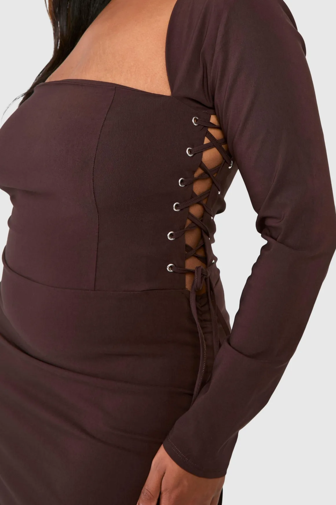 Plus Bengaline Robe Corset Moulante à Lacets en Taille Plus à Encolure Carrée