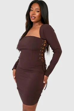 Plus Bengaline Robe Corset Moulante à Lacets en Taille Plus à Encolure Carrée