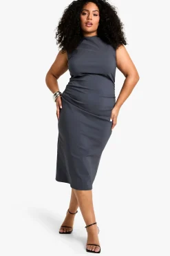 Plus Bengaline Robe Midi Froncée à Col Montant pour Grandes Tailles