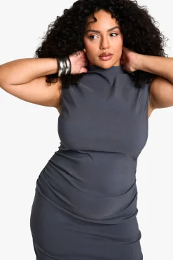 Plus Bengaline Robe Midi Froncée à Col Montant pour Grandes Tailles