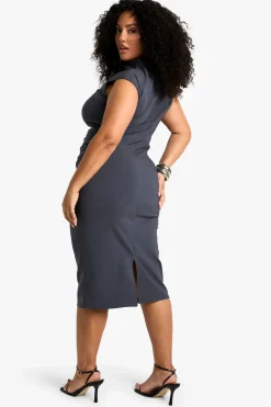 Plus Bengaline Robe Midi Froncée à Col Montant pour Grandes Tailles