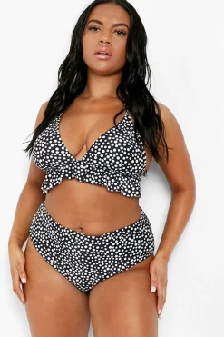 Plus Bikini Grande Taille à Pois et Volants à Taille Haute
