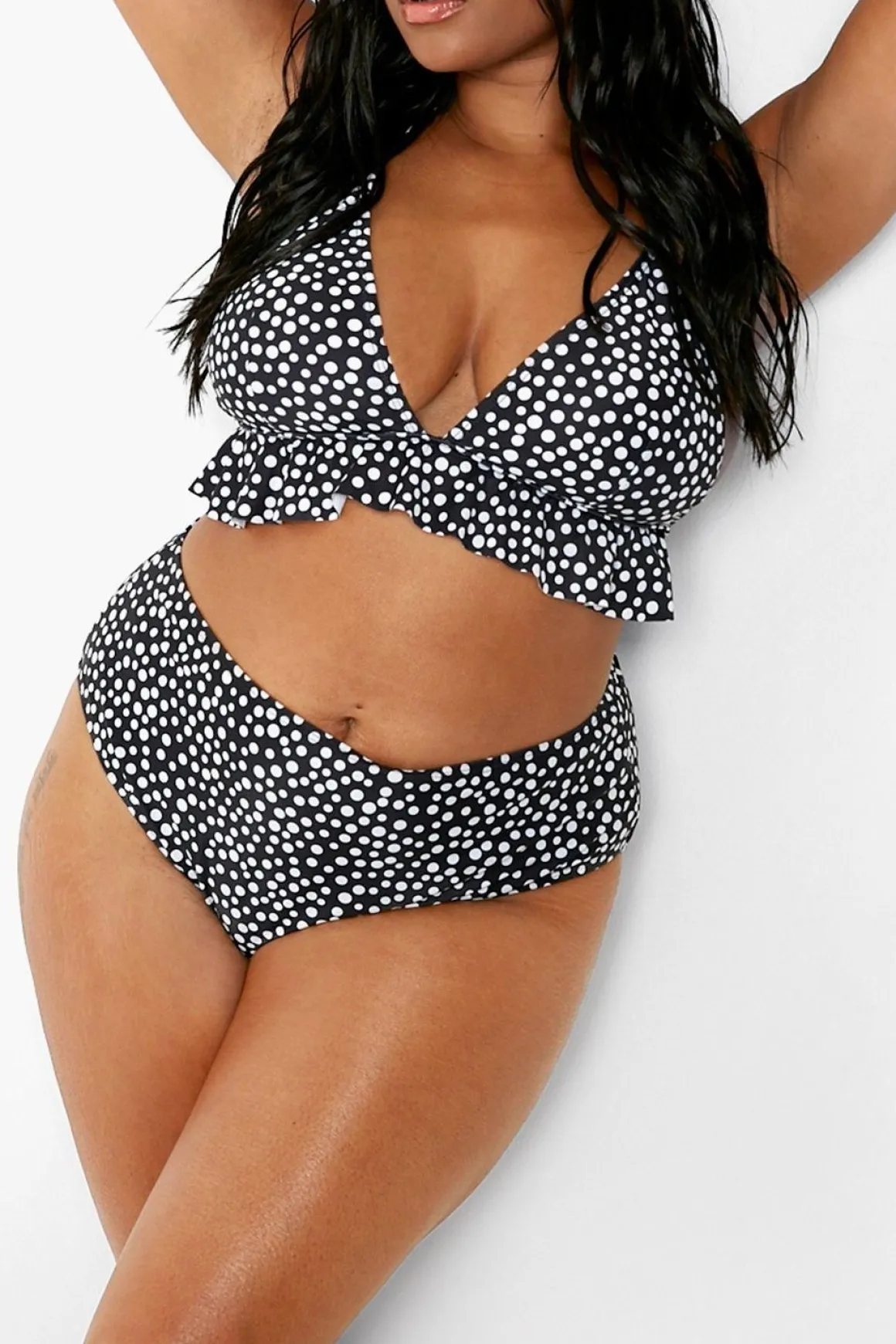 Plus Bikini Grande Taille à Pois et Volants à Taille Haute