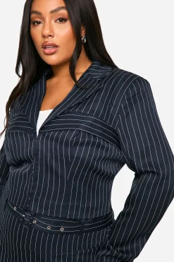 Plus Blazer court pour grande taille à rayures fines et détail corset