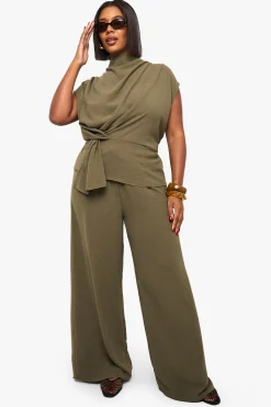 boohoo Plus Blouse Drapée Tissée & Pantalon Coordonné<Femme Ensembles