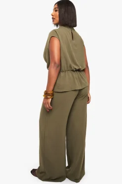 boohoo Plus Blouse Drapée Tissée & Pantalon Coordonné<Femme Ensembles