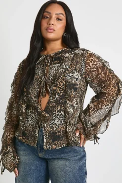 Plus Blouse léopard à volants à nouer à l'avant