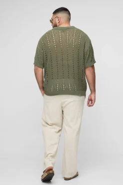 Plus Boxy Oversized Stripe Open Knit Polo