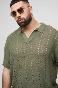 Plus Boxy Oversized Stripe Open Knit Polo