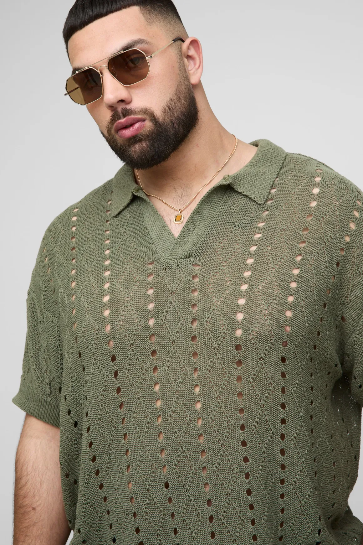 Plus Boxy Oversized Stripe Open Knit Polo