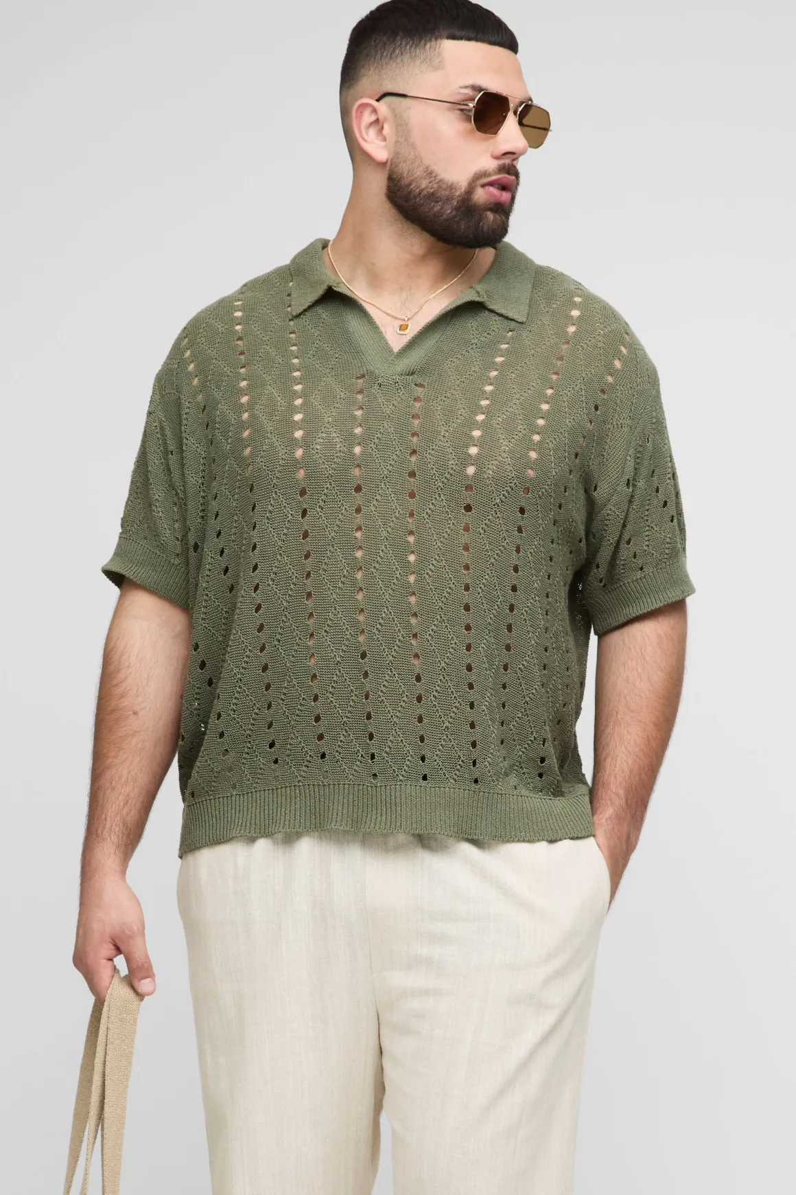 Plus Boxy Oversized Stripe Open Knit Polo