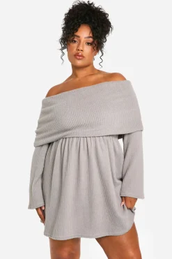 boohoo Plus Brushed Rib Robe Patineuse à Épaules Dénudées<Femme Robes Patineuses|Robes À Manches Longues