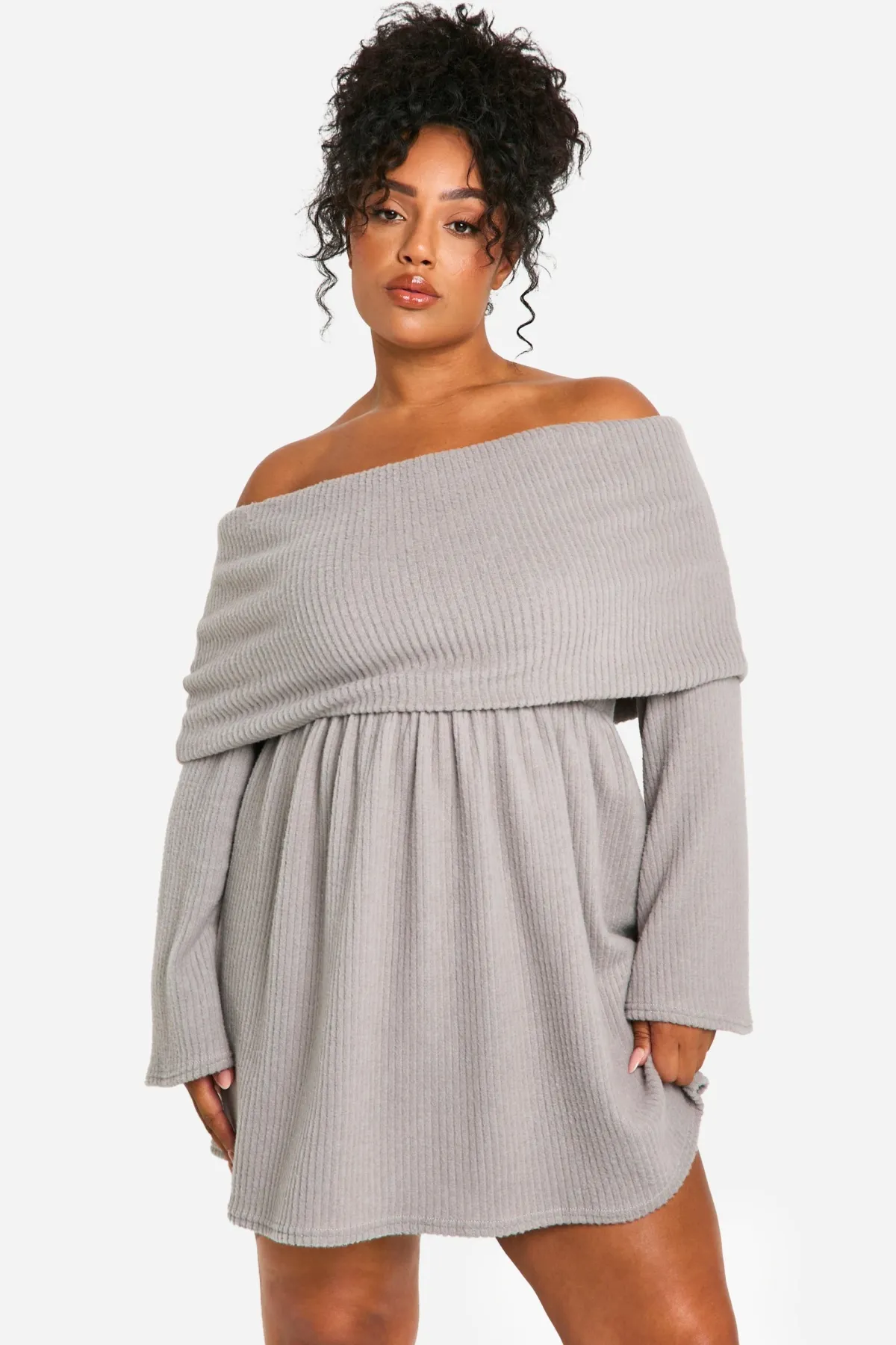 boohoo Plus Brushed Rib Robe Patineuse à Épaules Dénudées<Femme Robes Patineuses|Robes À Manches Longues