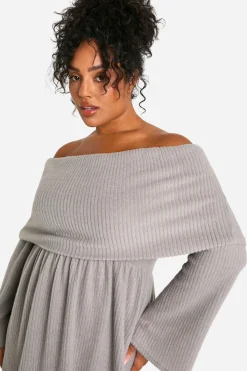 boohoo Plus Brushed Rib Robe Patineuse à Épaules Dénudées<Femme Robes Patineuses|Robes À Manches Longues