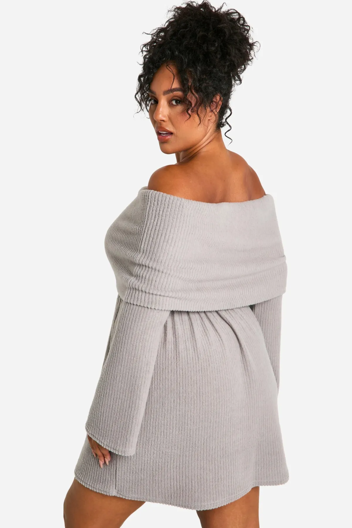 boohoo Plus Brushed Rib Robe Patineuse à Épaules Dénudées<Femme Robes Patineuses|Robes À Manches Longues