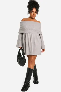 boohoo Plus Brushed Rib Robe Patineuse à Épaules Dénudées<Femme Robes Patineuses|Robes À Manches Longues