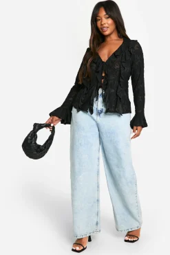 Plus Burnout Double Volant Blouse à Nouer à l'Avant