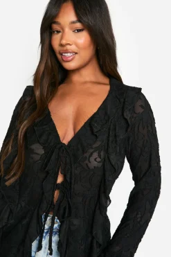 Plus Burnout Double Volant Blouse à Nouer à l'Avant