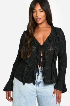 Plus Burnout Double Volant Blouse à Nouer à l'Avant