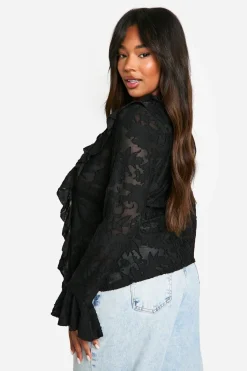 Plus Burnout Double Volant Blouse à Nouer à l'Avant