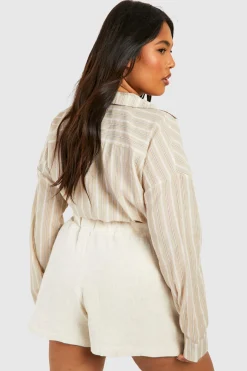 Plus Chemise crop top rayée à effet lin avec ourlet froncé