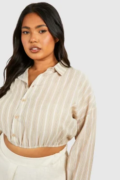 Plus Chemise crop top rayée à effet lin avec ourlet froncé